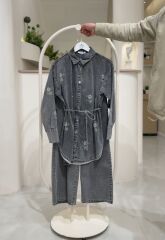 Taş Detaylı Denim Tunik Pantolon Takım FÜME - 46