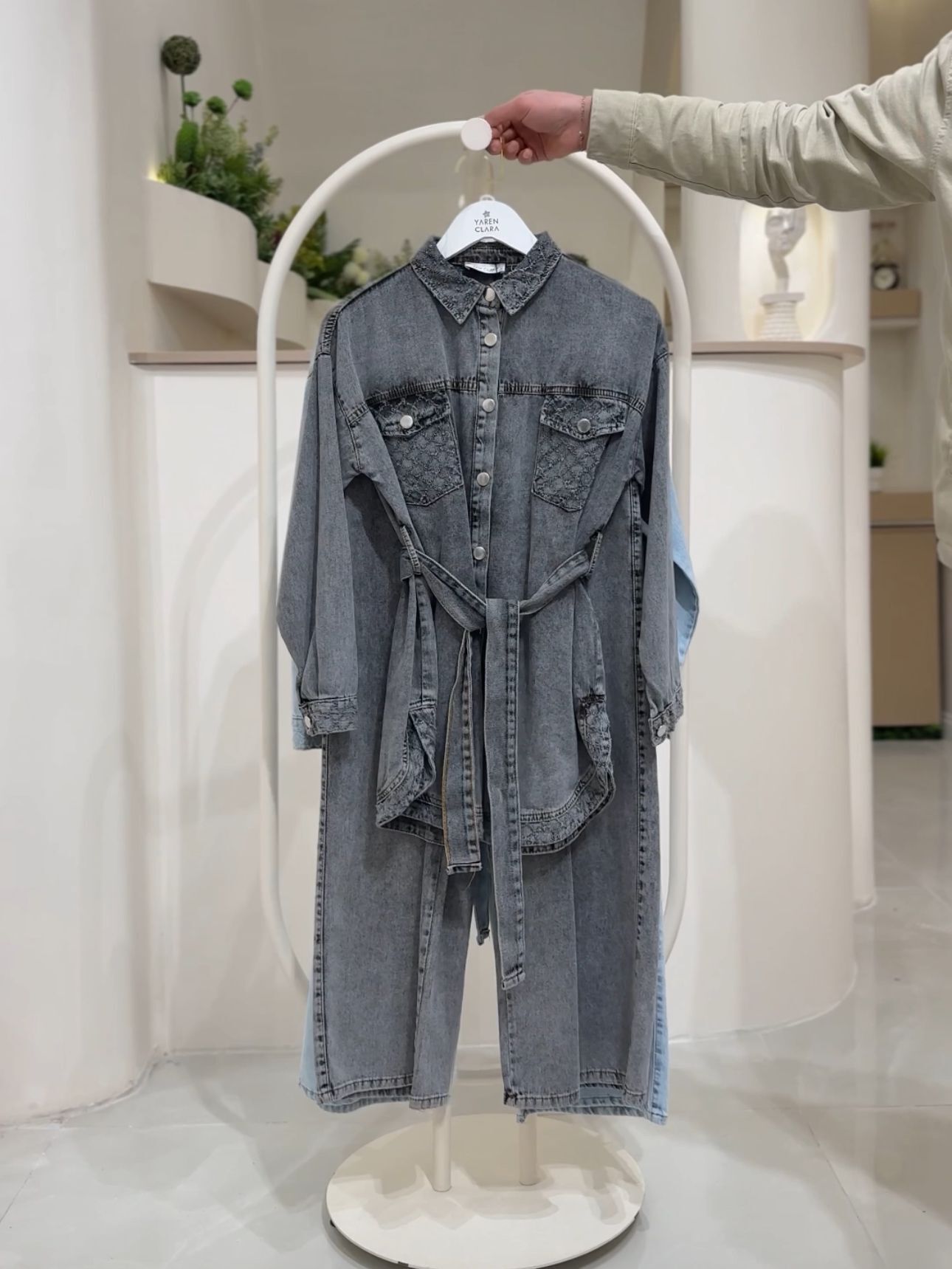 Modern Kesim Kot Tunik Pantolon Takım – Günlük Şıklık Jean Kombin FÜME - 46