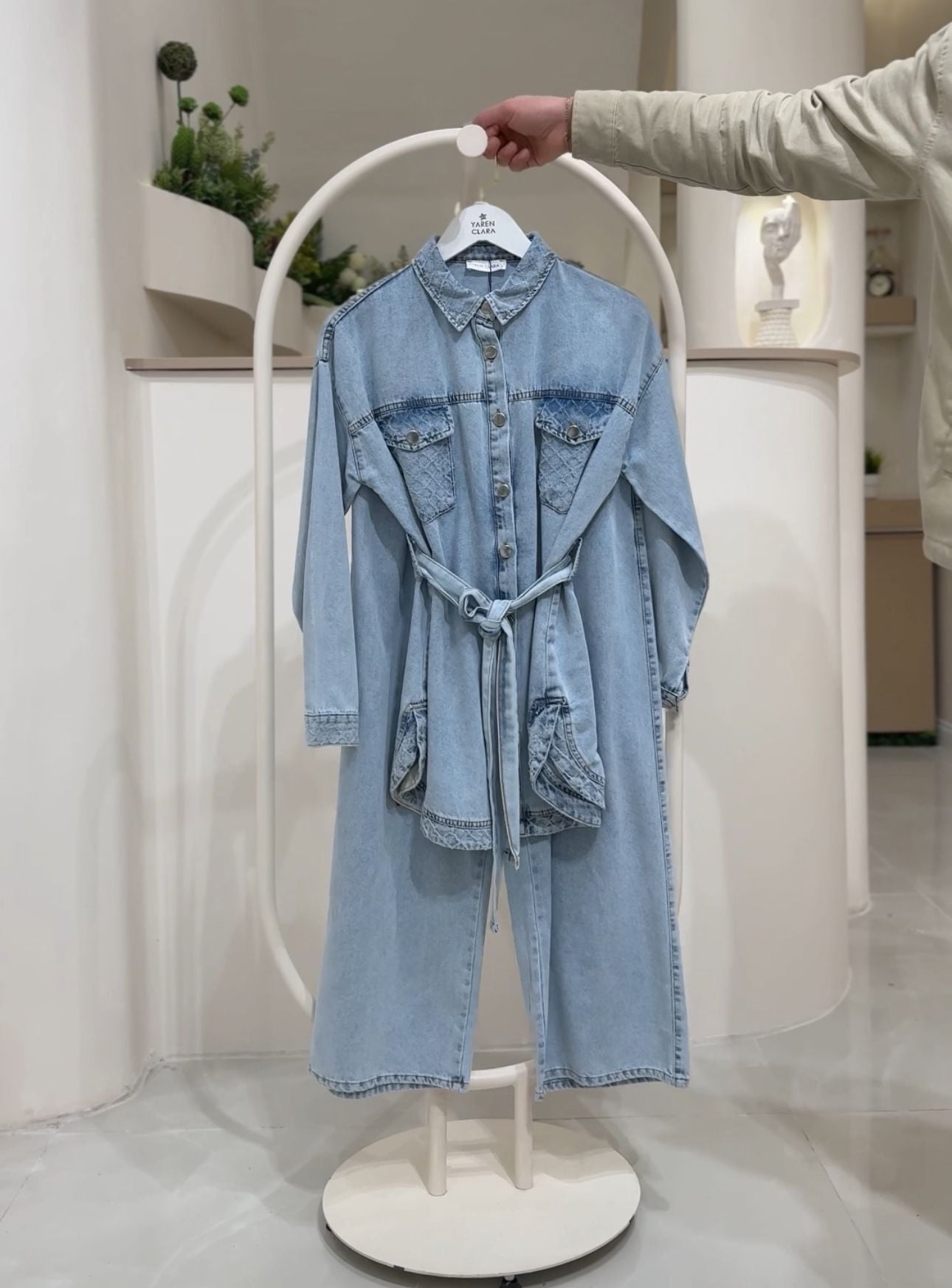 Modern Kesim Kot Tunik Pantolon Takım – Günlük Şıklık Jean Kombin KAR YIKAMA - 42-44