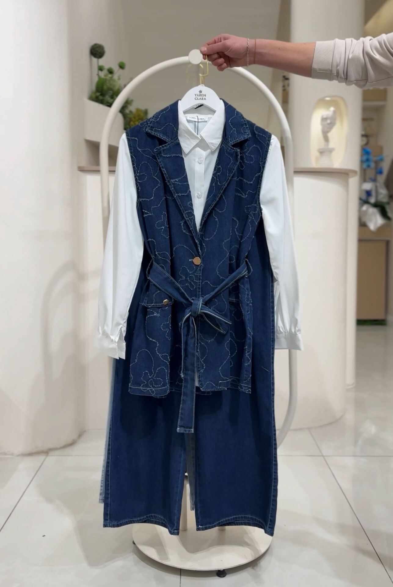 Modern Denim Yelekli 3’lü Tesettür Takım KOYU MAVİ - 42-44