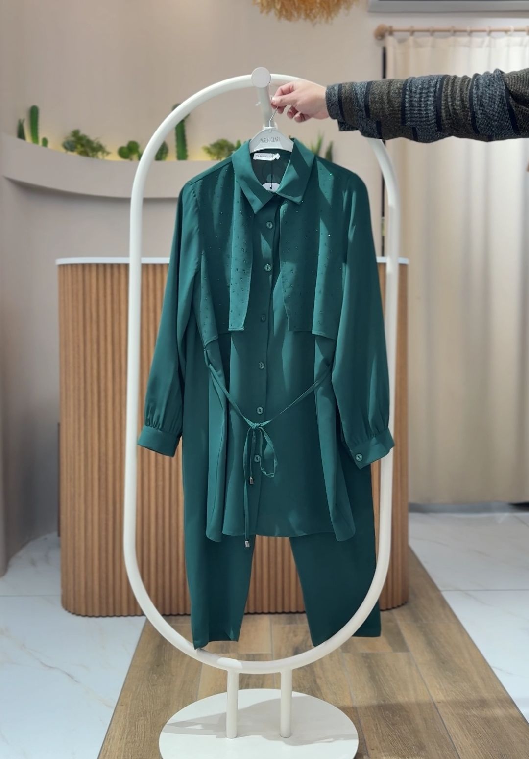 Taş Detaylı Bel Bağlamalı Tunik Pantolon Takım ZÜMRÜT - 40