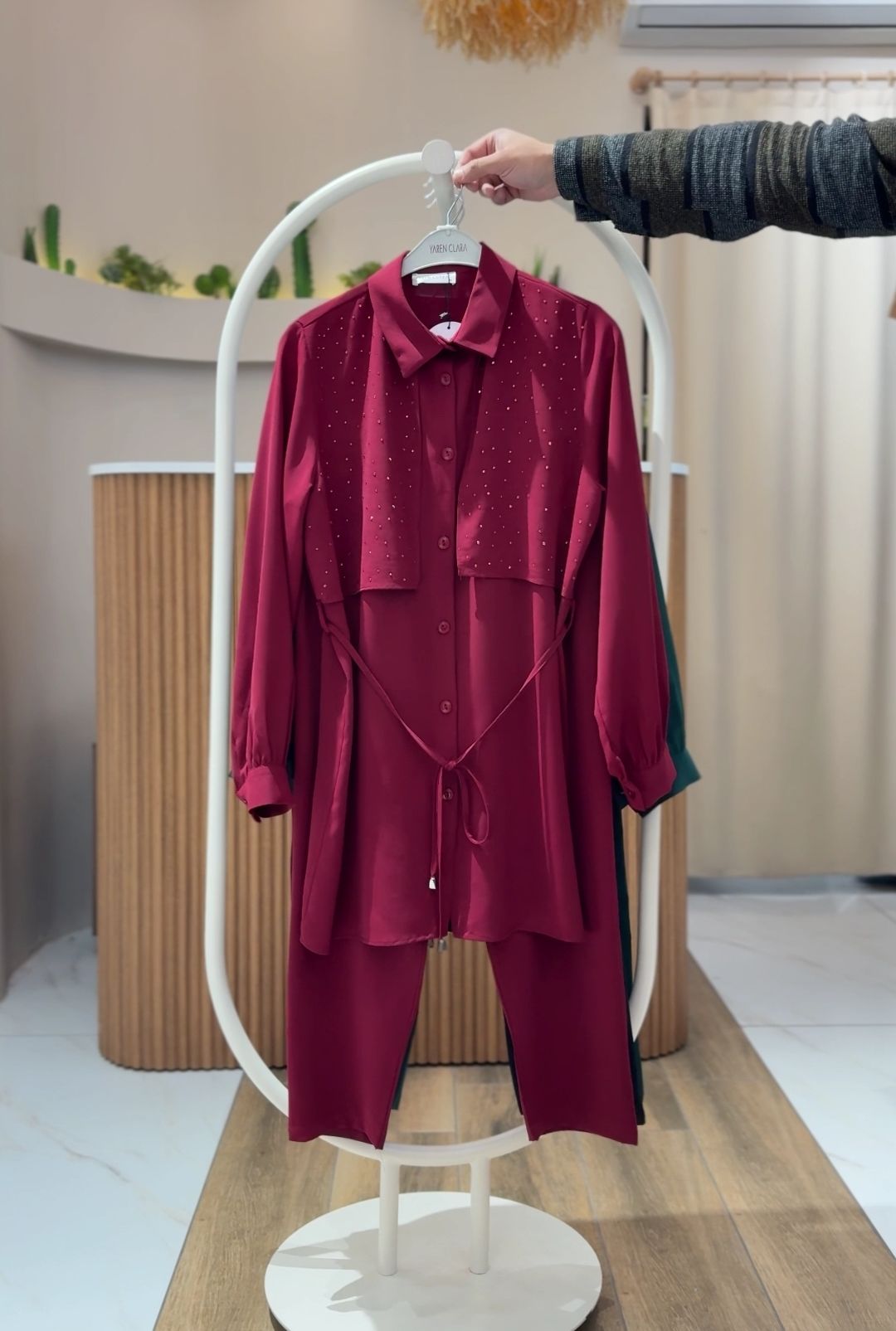 Taş Detaylı Bel Bağlamalı Tunik Pantolon Takım BORDO - 42