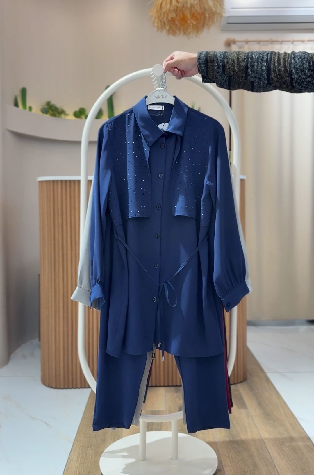 Taş Detaylı Bel Bağlamalı Tunik Pantolon Takım LARCİVERT - 38