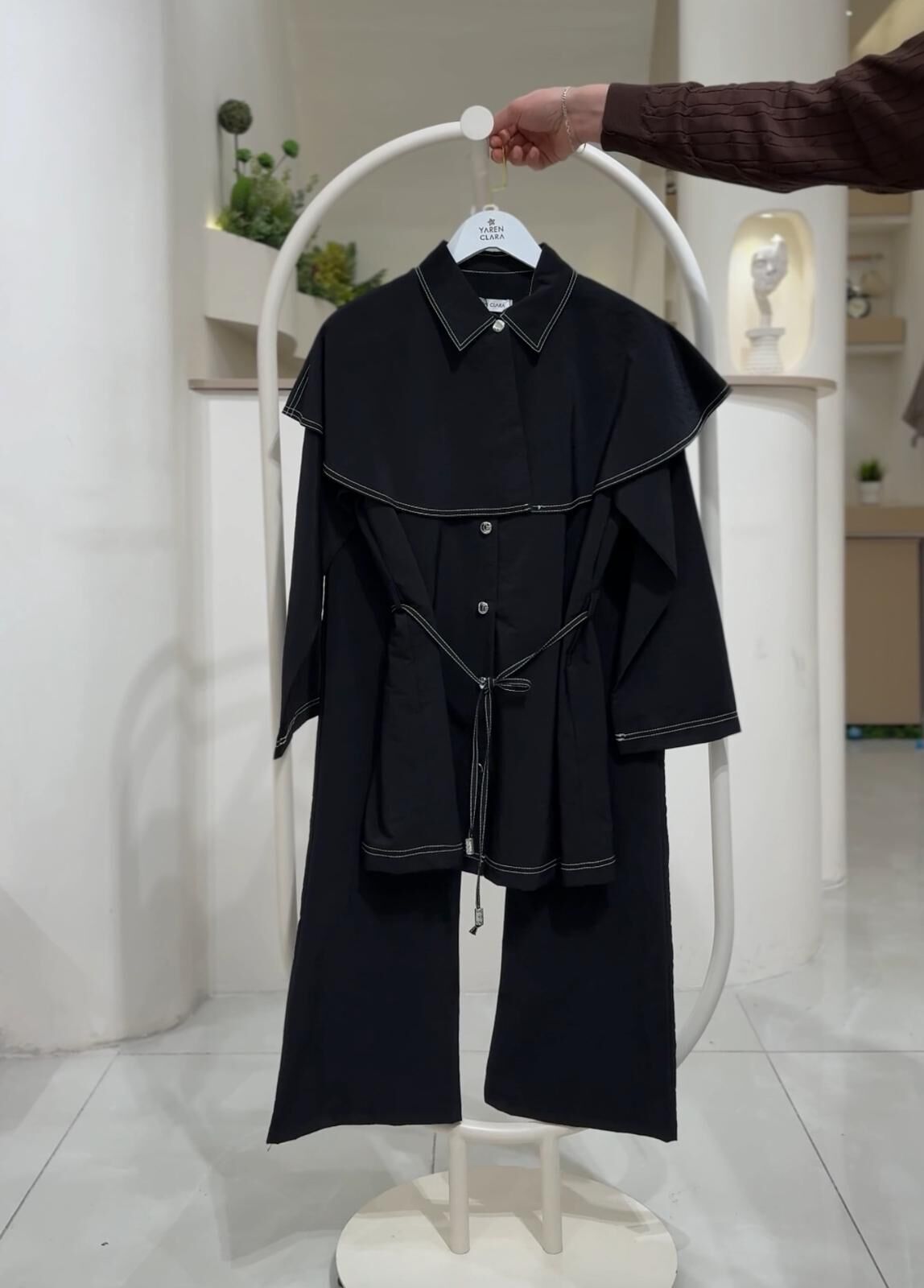 Pelerin Detaylı Premium Tunik Pantolon Takım SİYAH - 46